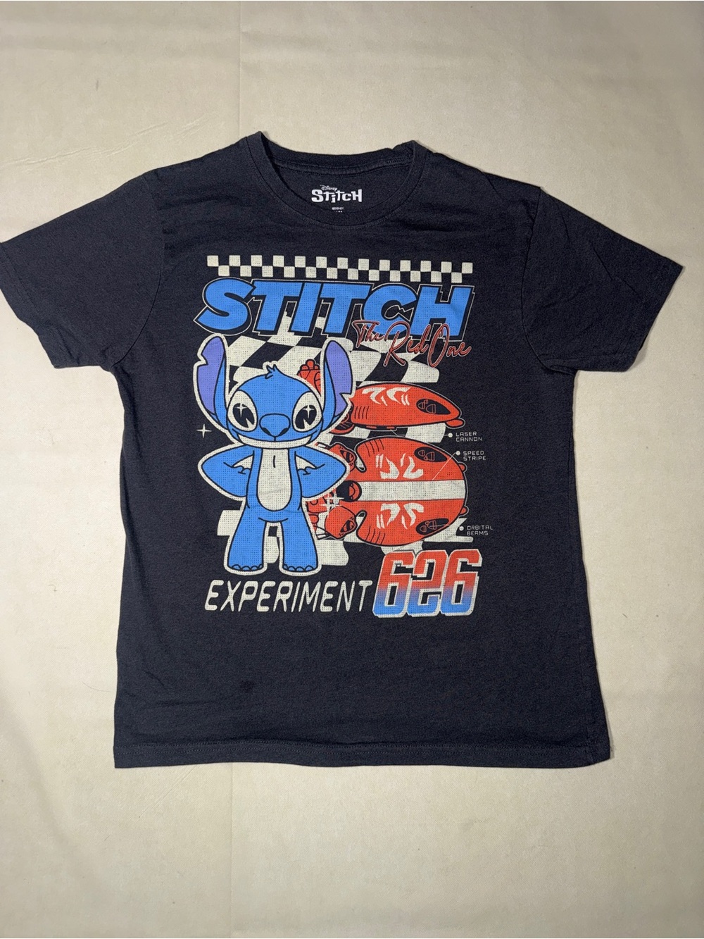 Disney Black Tee with Blue & Red Stitch Graphic